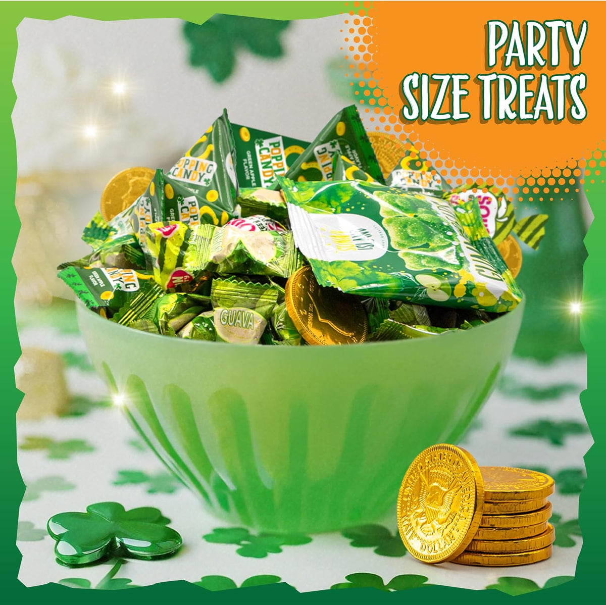 Bulk holiday sweets assortment spread out for St Patrick's Day party decorations
