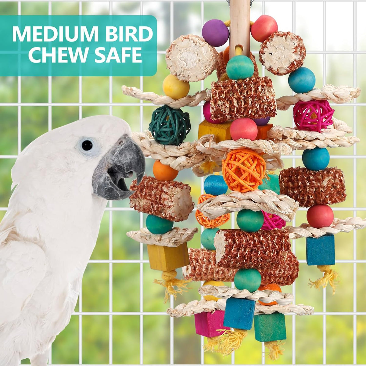 LovyoCoCo bird toys showing details of colored wooden blocks and rattan balls