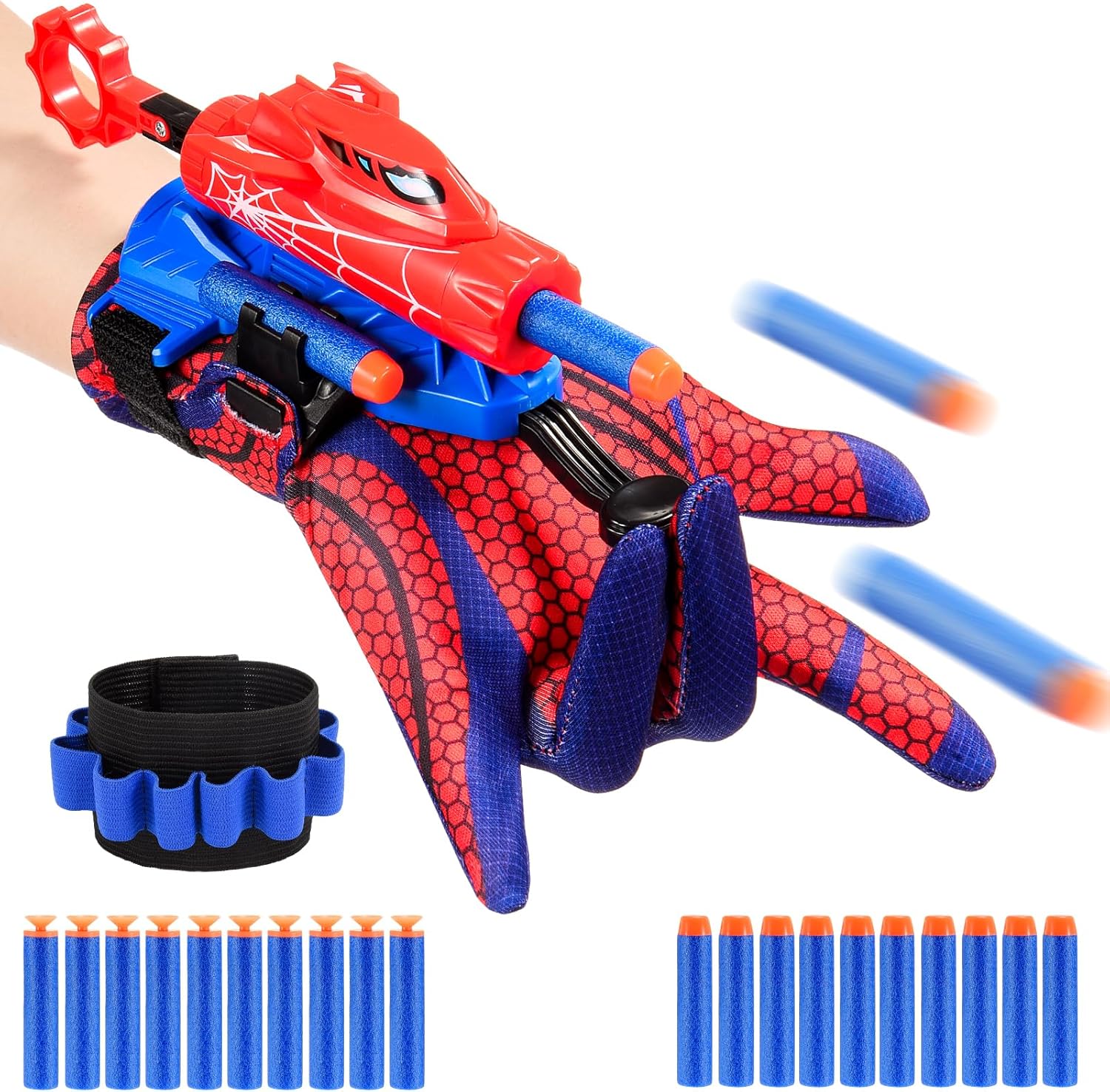Excitobo spider web shooter toy with superhero glove front view