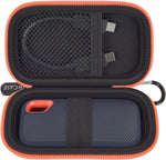 GWCASE hard case for SanDisk Extreme Portable SSD front view featuring premium black exterior with vibrant orange zipper details.