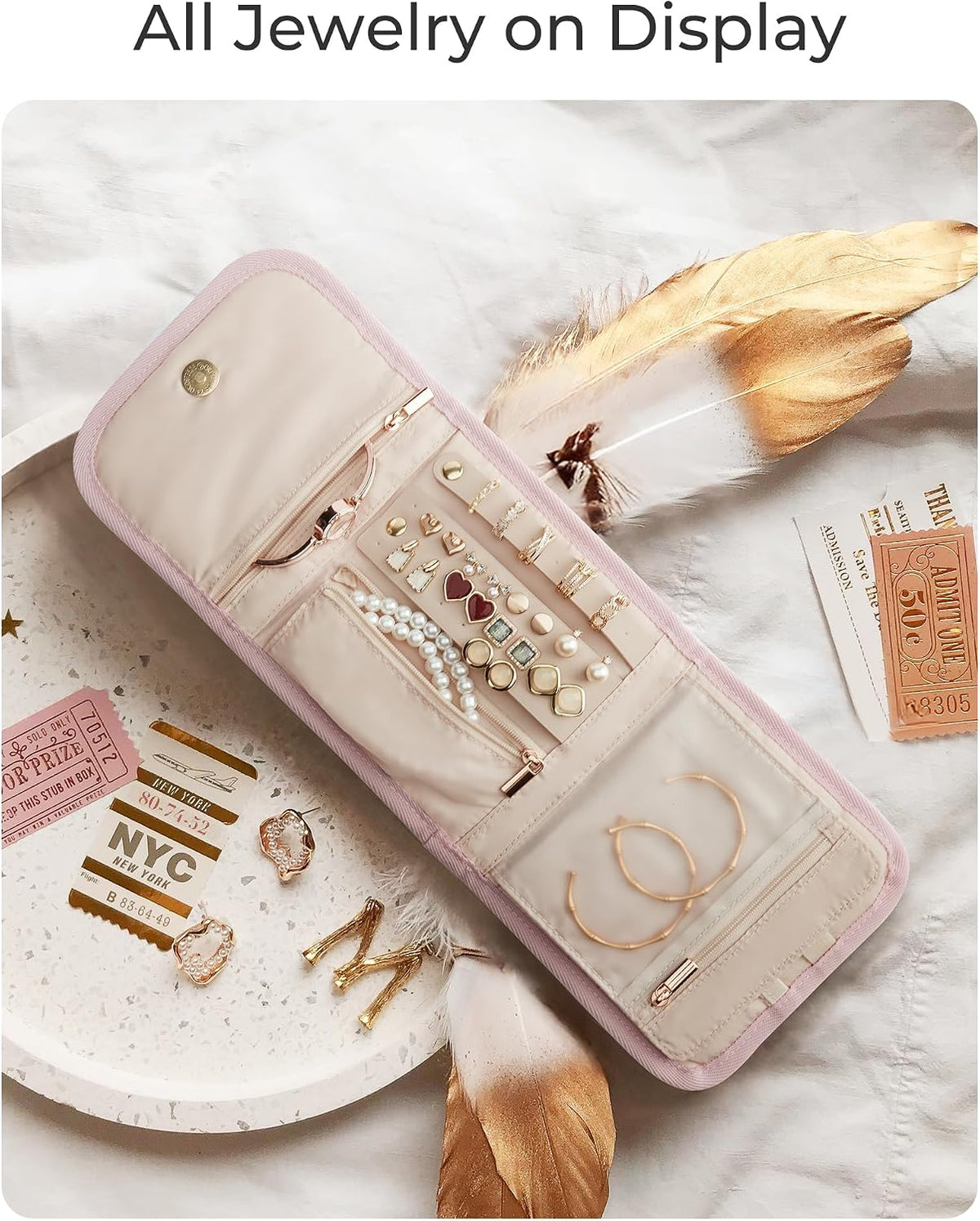 Bagsmart foldable jewelry roll fully unfolded showing compartments