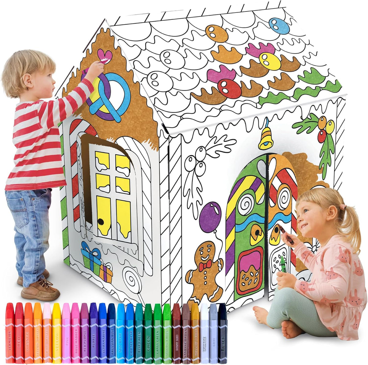 ArtCreativity Gingerbread House Craft Kit front view showing life-sized cardboard playhouse setup for kids activity.