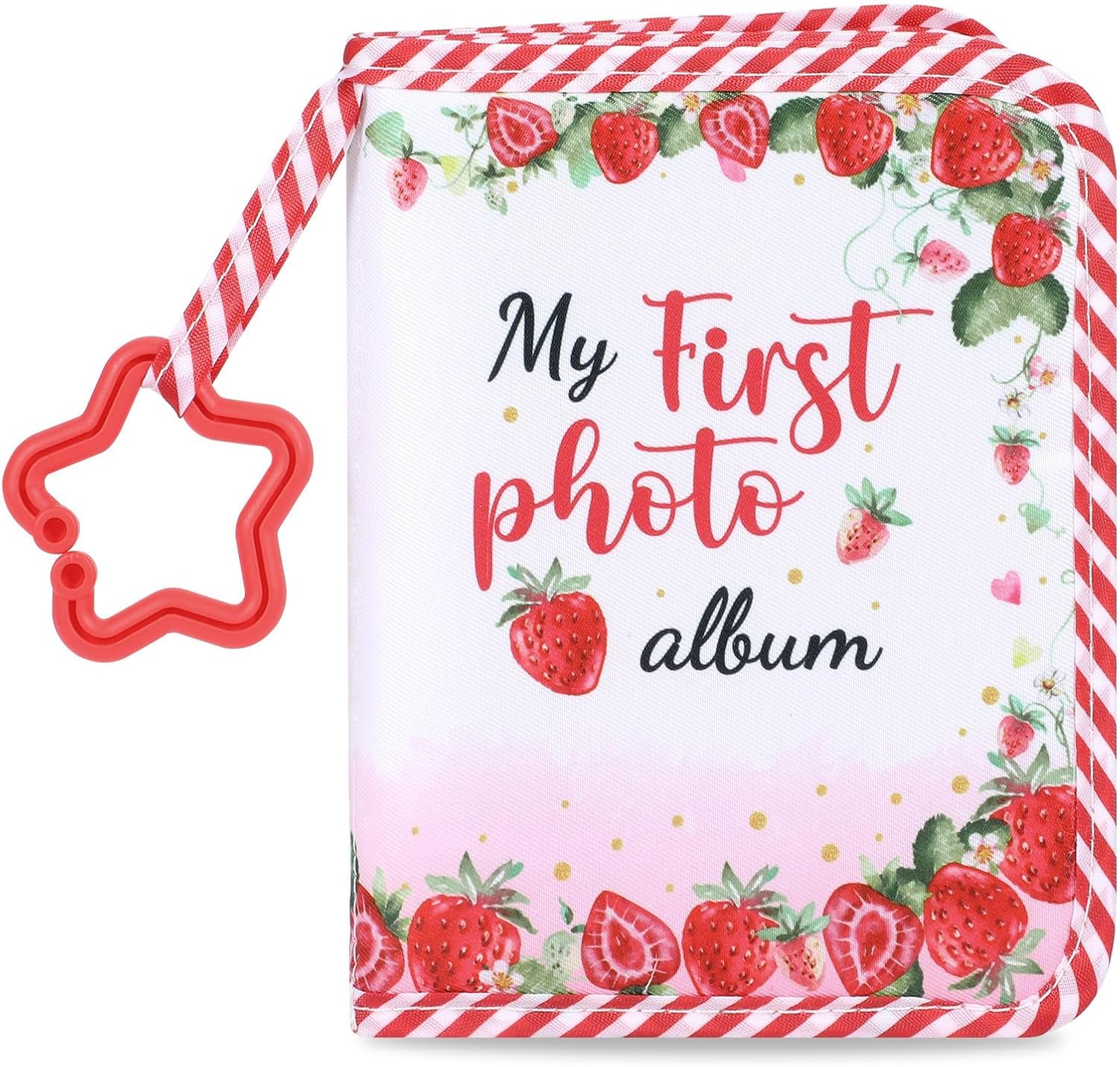 Niesel soft photo cloth book front view showcasing the strawberry print cover