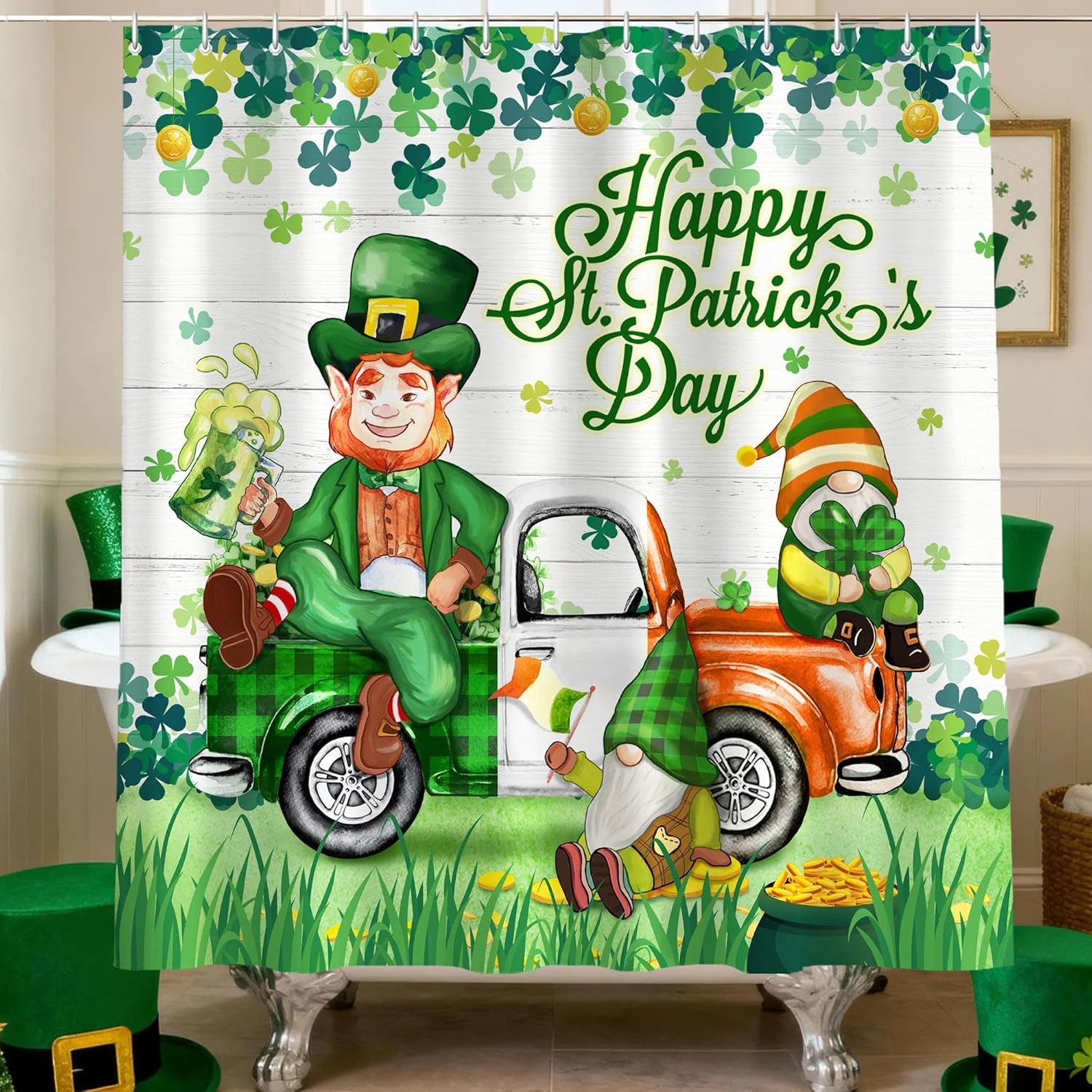 HunnmingRe St Patricks Day shower curtain front view showing shamrock gnomes and green truck design