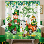 HunnmingRe St Patricks Day shower curtain front view showing shamrock gnomes and green truck design