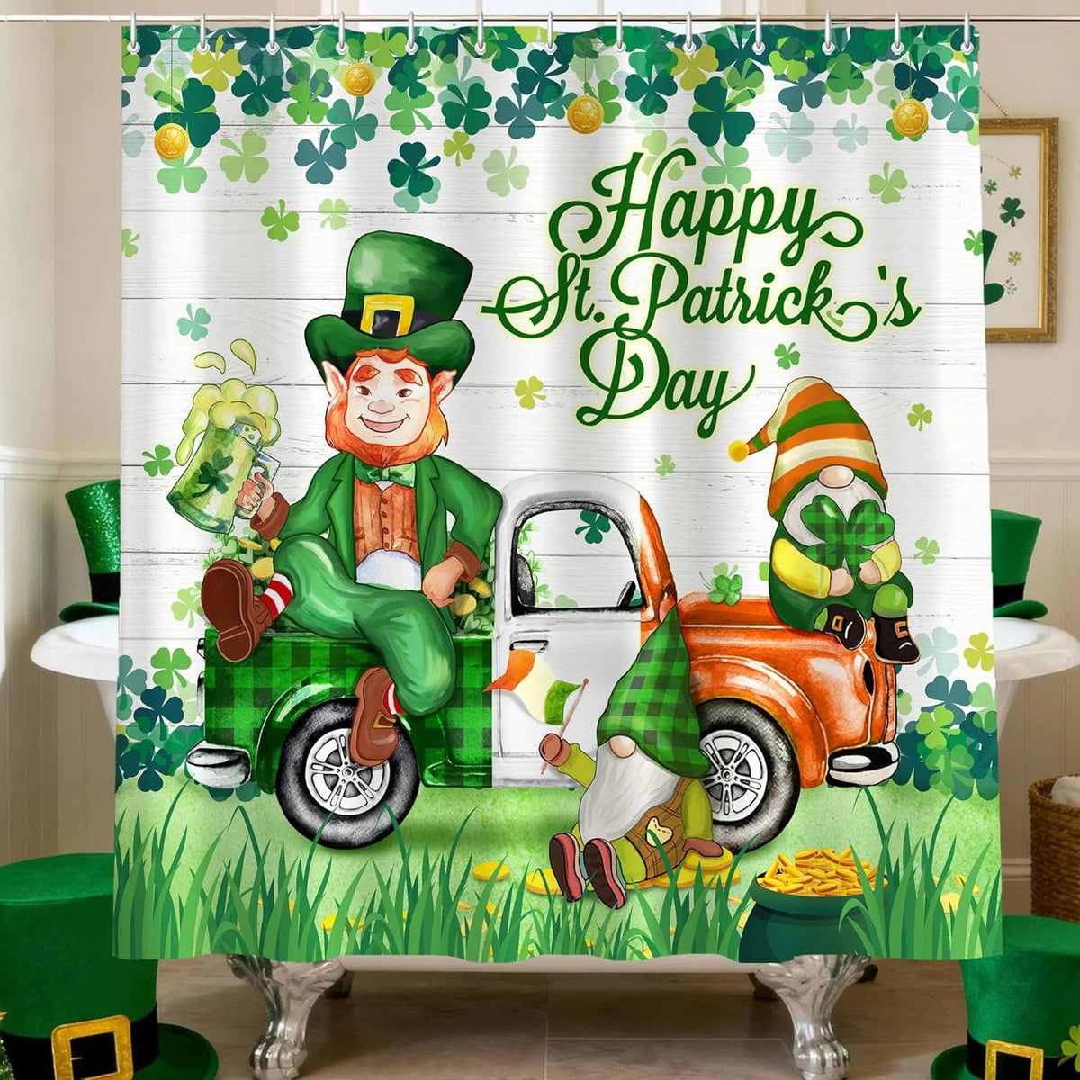 HunnmingRe St Patricks Day shower curtain front view showing shamrock gnomes and green truck design