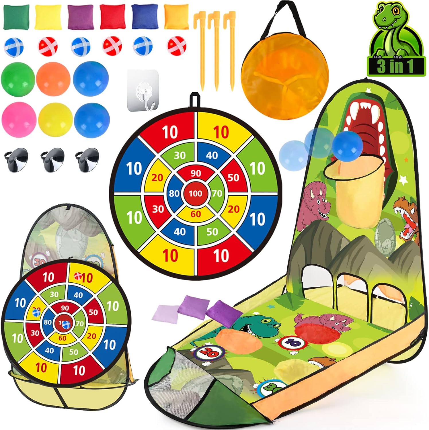 Unanscre 3 in 1 dinosaur bean bag toss game front view