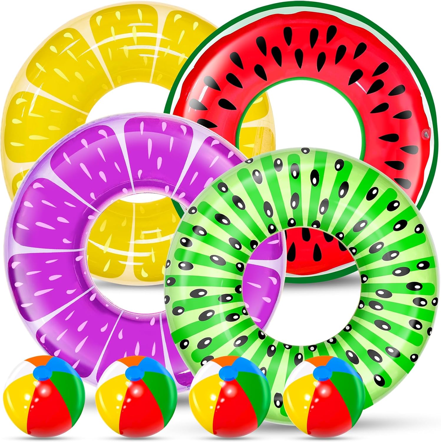 iGeeKid 8 pack fruit themed inflatable pool floats and beach balls front view