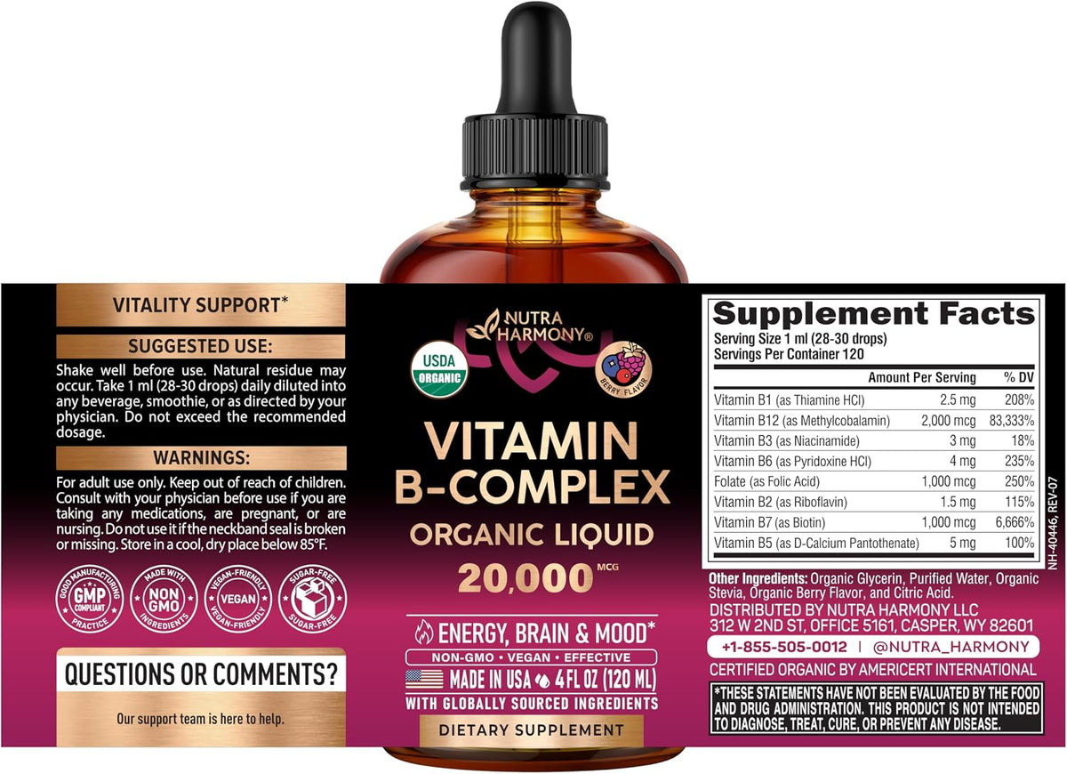 NutraHarmony organic vitamin b complex bottle supplement facts label