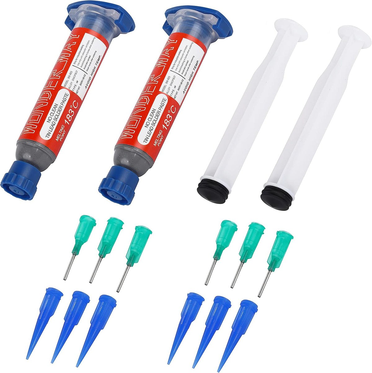 Solder paste tube showing alloy composition and technical details.