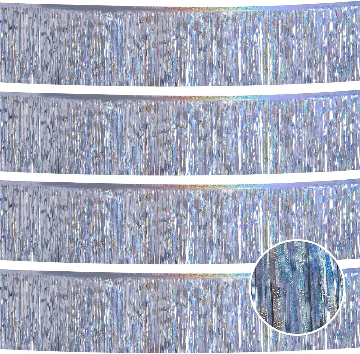YUKL laser silver tinsel garland banner front view showing four pack packaging