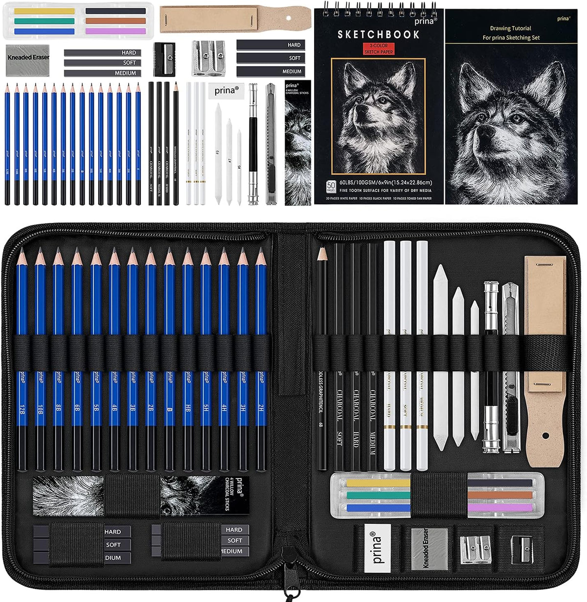 Prina drawing set front view showing zippered travel case and art supplies