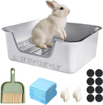 Stainless steel litter box installed inside a wire rabbit cage