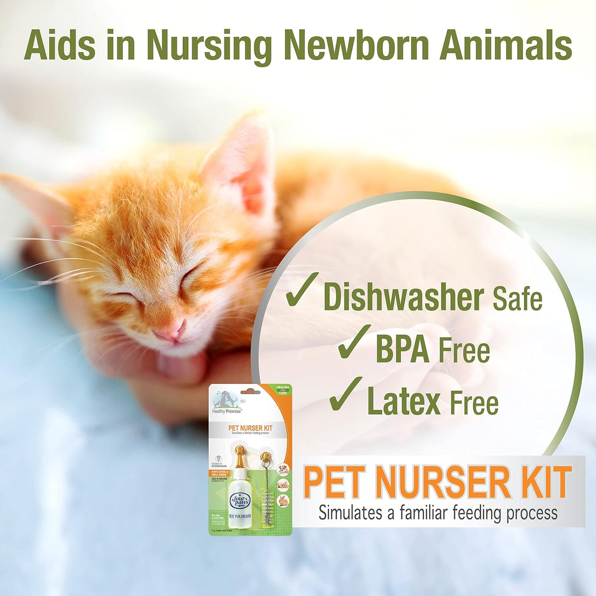 Hand feeding a newborn kitten using the Four Paws two ounce nurser bottle.