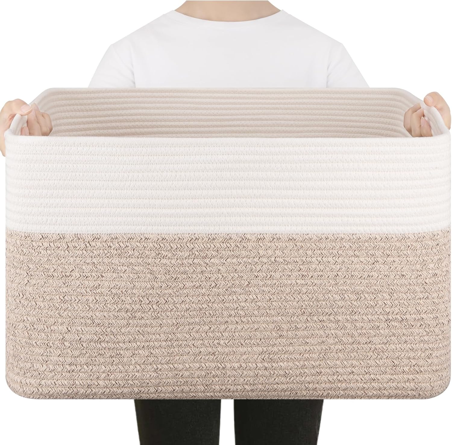SIXDOVE large cotton rope woven blanket storage basket front view in brown and white