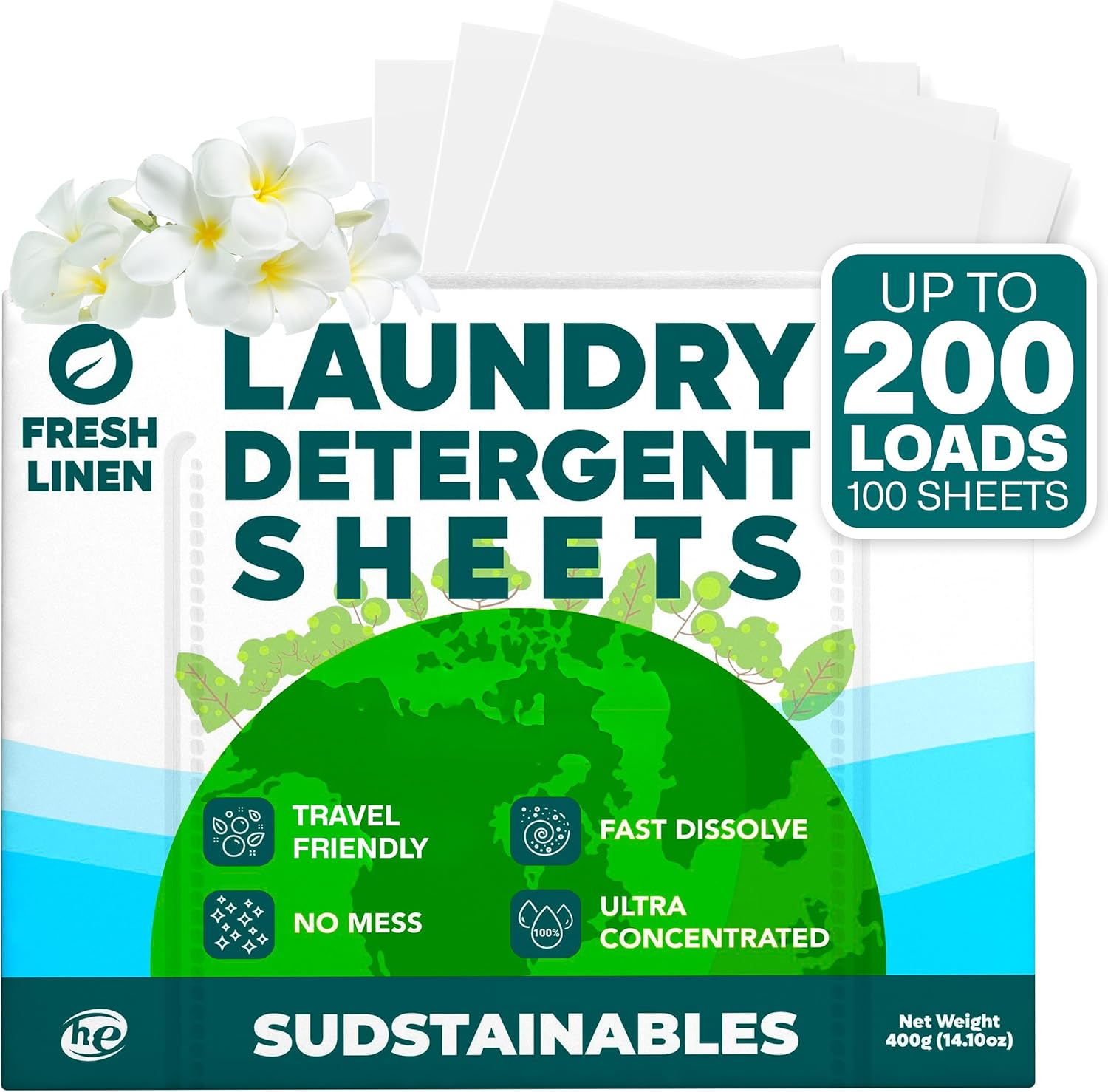 Sudstainables Laundry Detergent Sheets 200 loads front view eco friendly packaging.