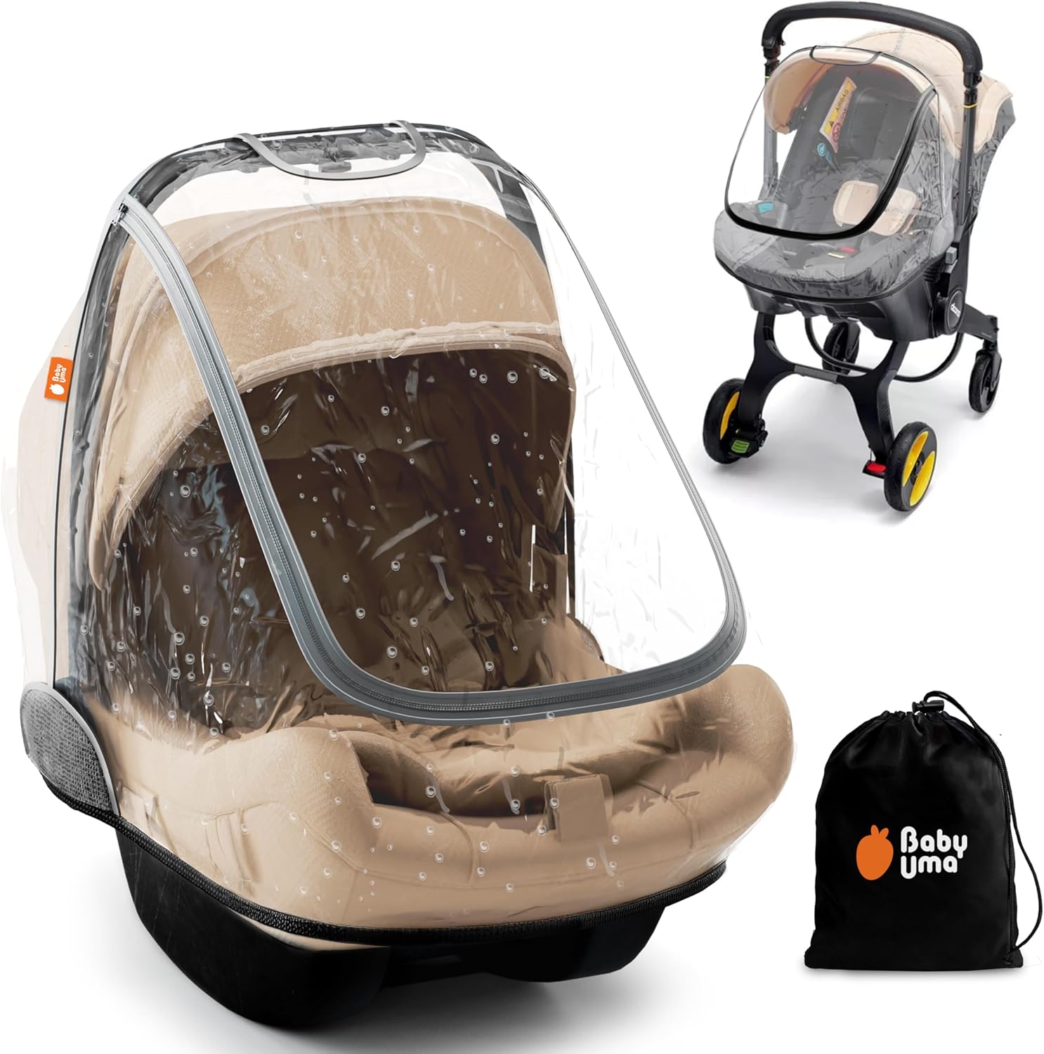 Baby Uma Car Seat Rain Cover front view on infant car seat protecting from rain.