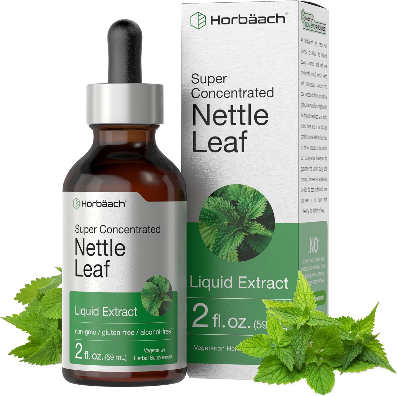 Horbäach Nettle Leaf Extract Drops front view bottle showing alcohol free vegetarian liquid supplement label