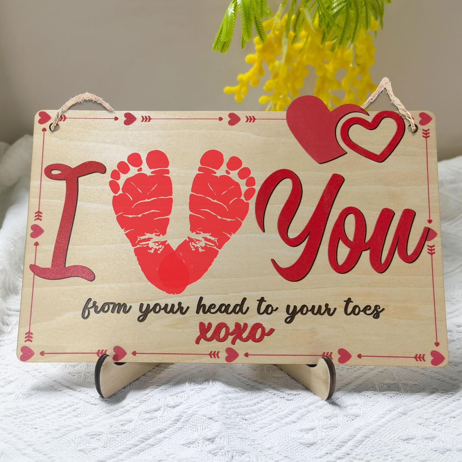 WAWUO Baby First Valentines Day DIY Footprint Board front view featuring wooden text details