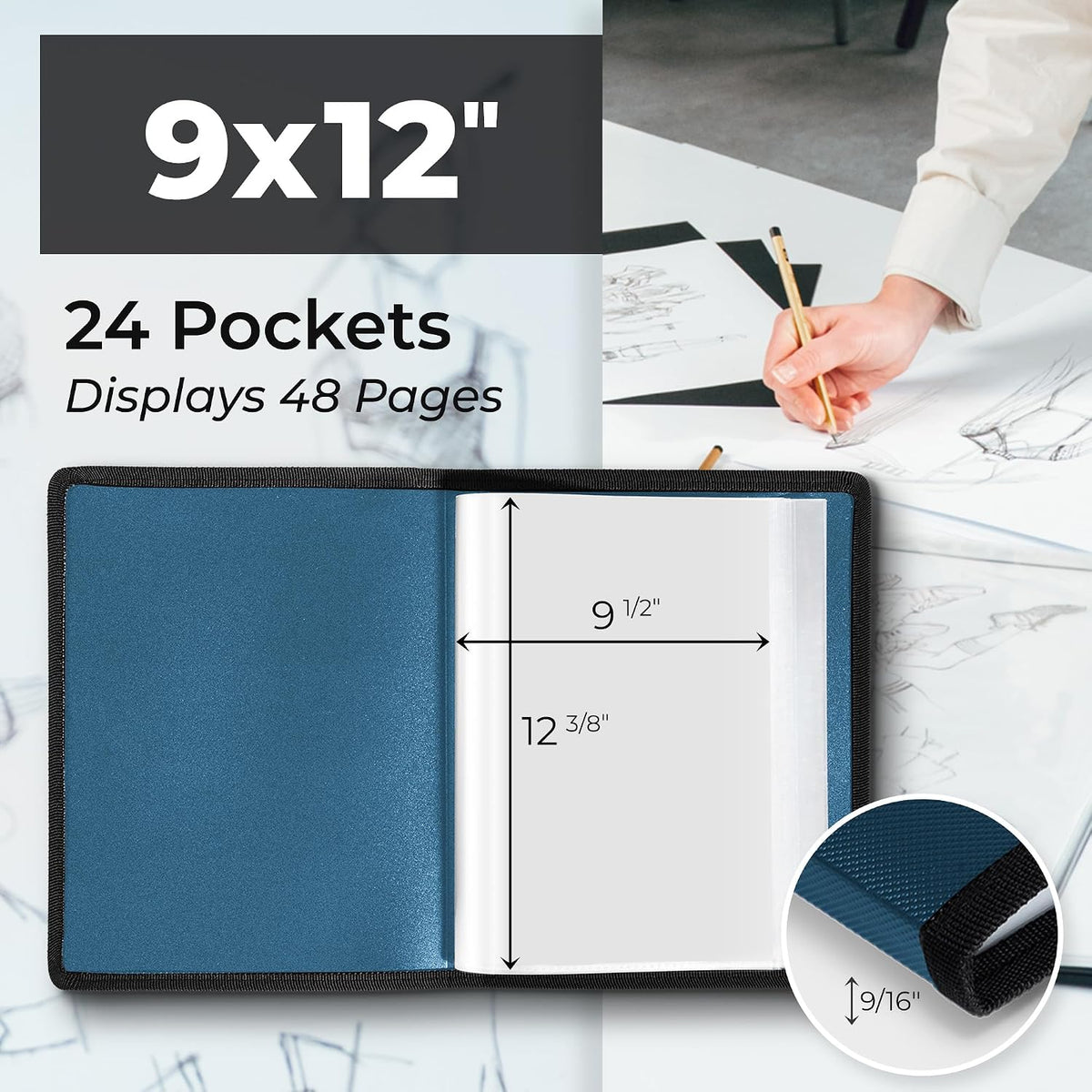 Dunwell 9x12 art folder open showing clear pockets