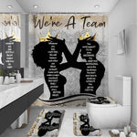 Omebero 4 piece Black King and Queen shower curtain set showcasing the complete bathroom decor ensemble from a front perspective.
