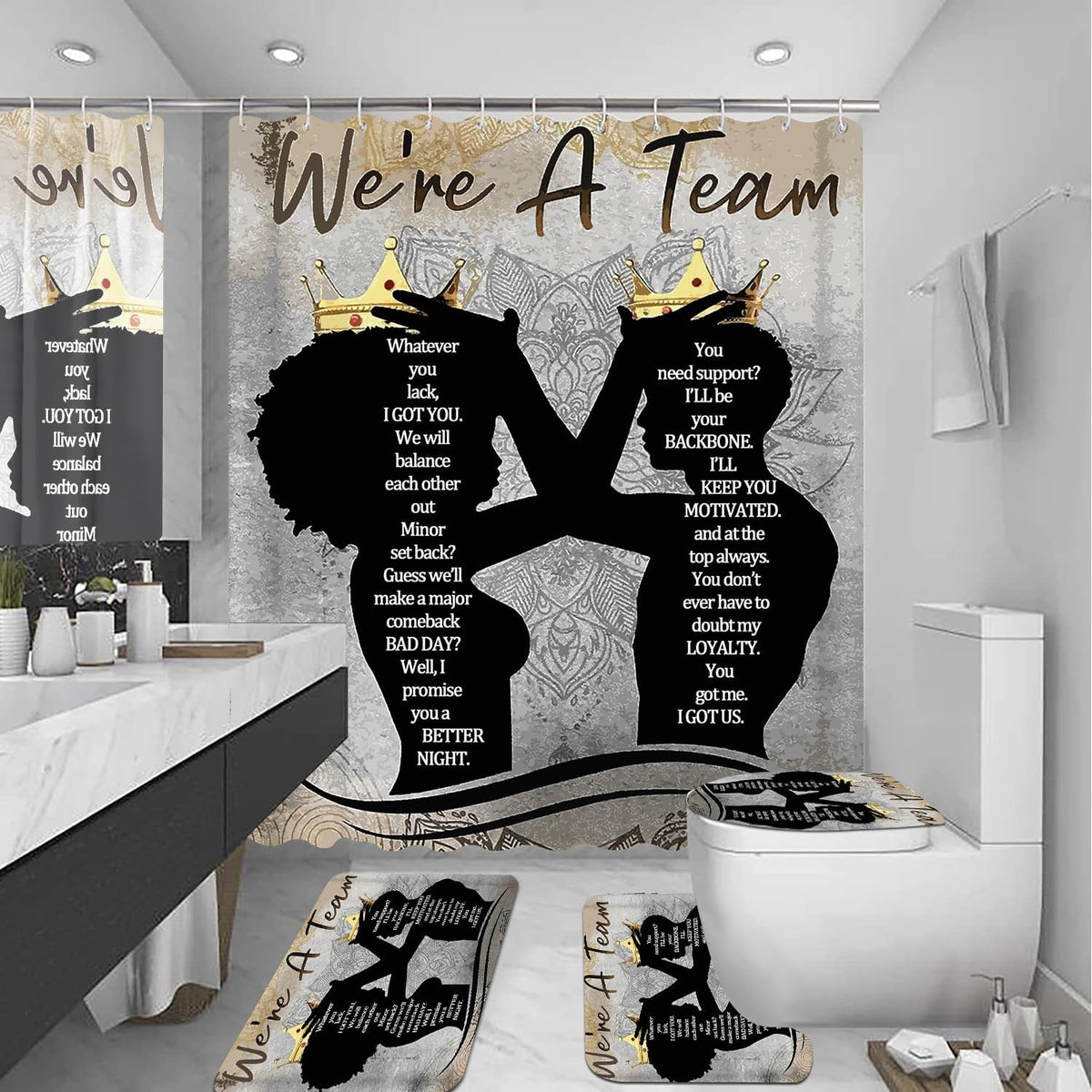 Omebero 4 piece Black King and Queen shower curtain set showcasing the complete bathroom decor ensemble from a front perspective.