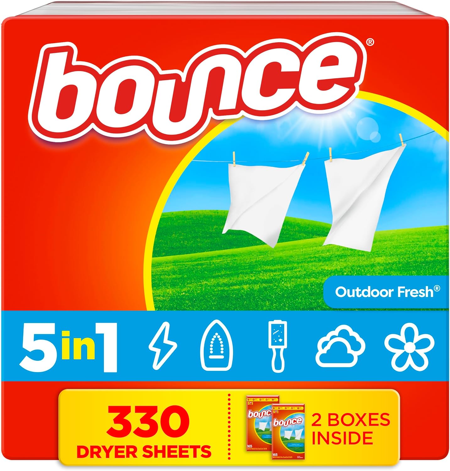 Bounce Fabric Softener Dryer Sheets front view packaging showing three hundred thirty count