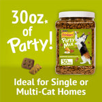 Thirty ounce resealable canister of authentic USA imported crunchy cat snacks side view