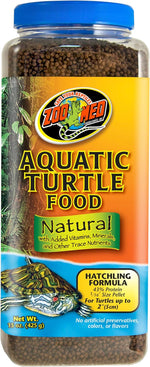 Side view of Zoo Med adult turtle food container detailing feeding instructions