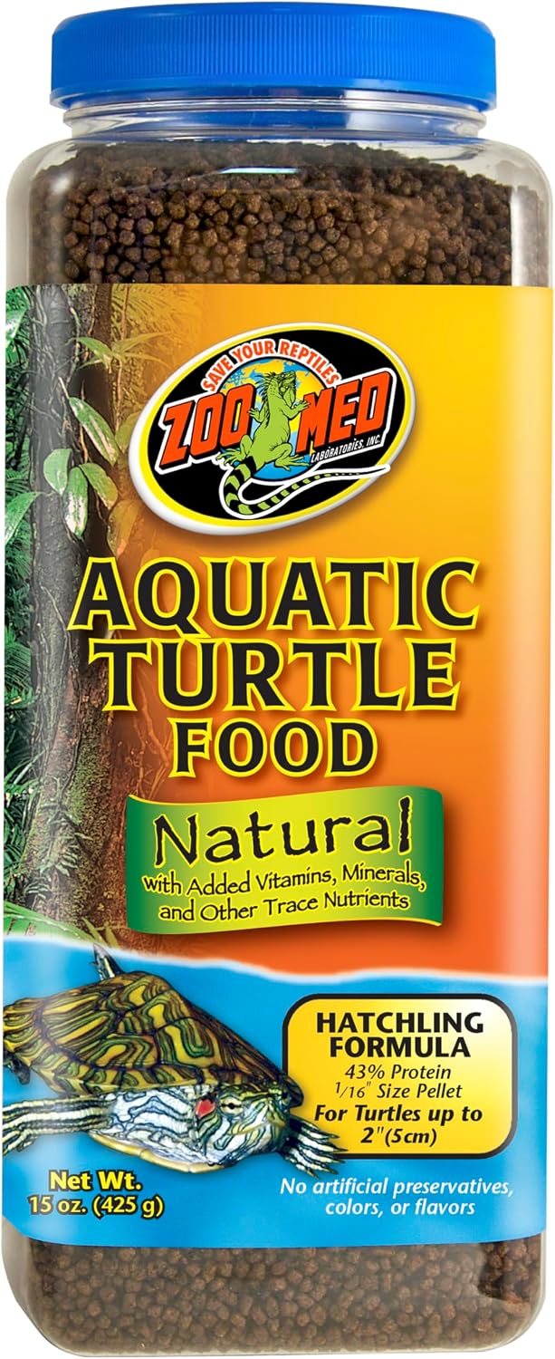 Side view of Zoo Med adult turtle food container detailing feeding instructions