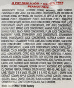 Back packaging of the one pound irregular jelly bean bag showing ingredient details and nutritional facts.