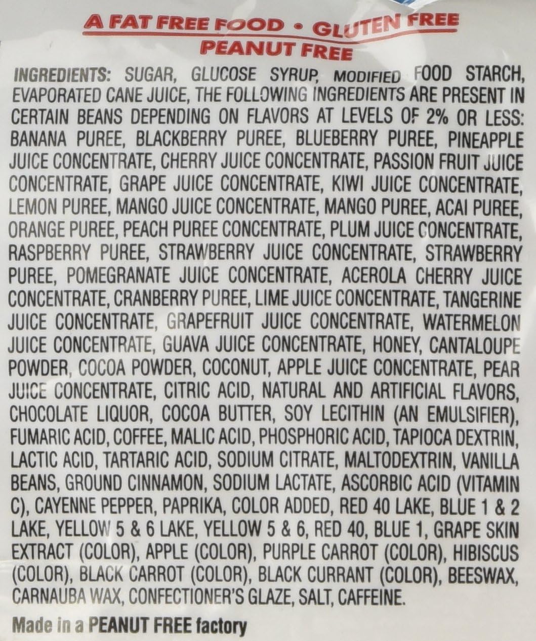 Back packaging of the one pound irregular jelly bean bag showing ingredient details and nutritional facts.