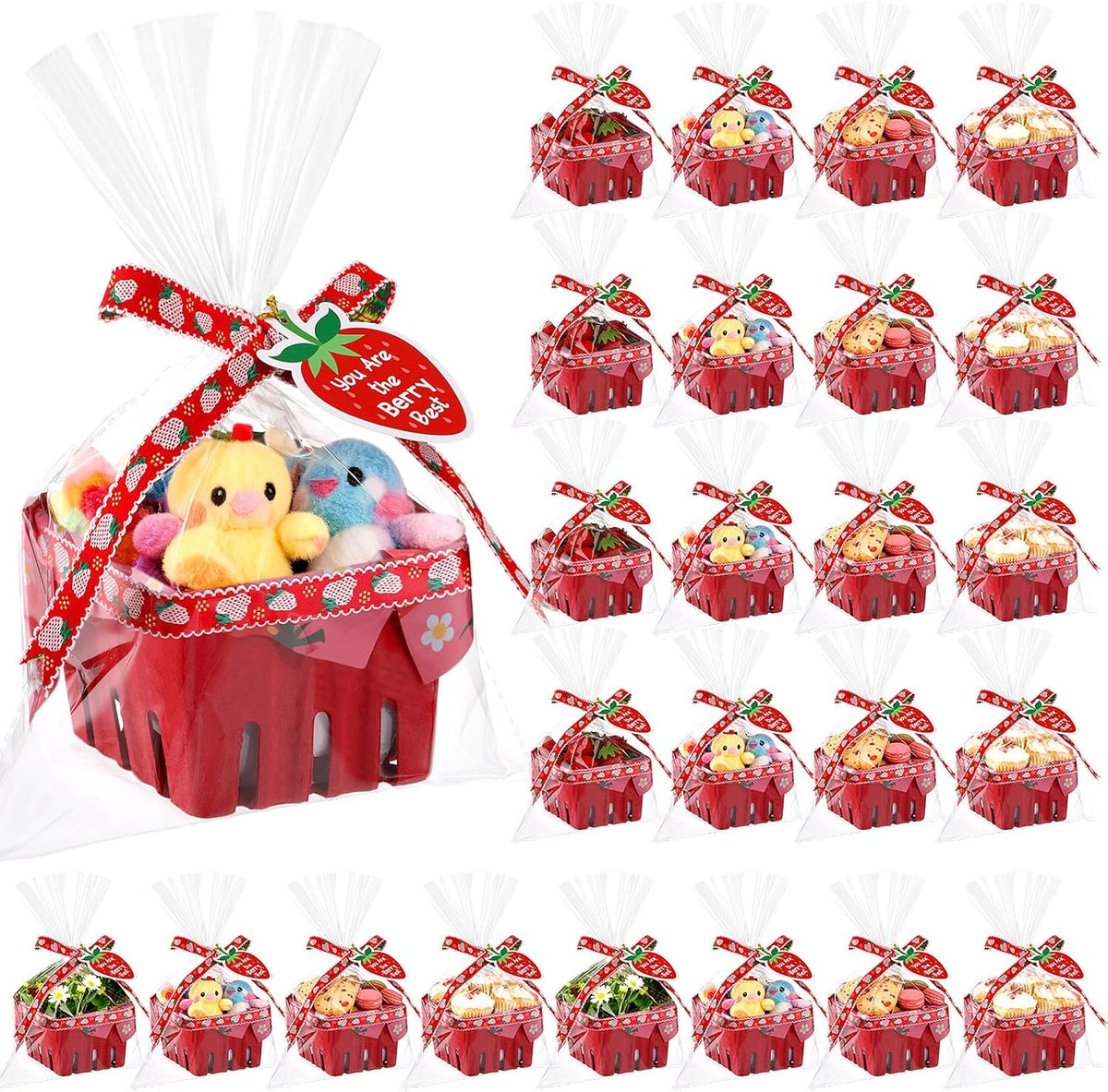 Mimorou strawberry themed gift baskets 24 set front view showing fully assembled party favor setup.