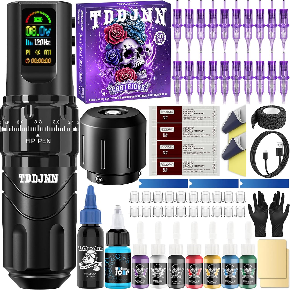Tddjnn wireless rotary tattoo machine kit black front view