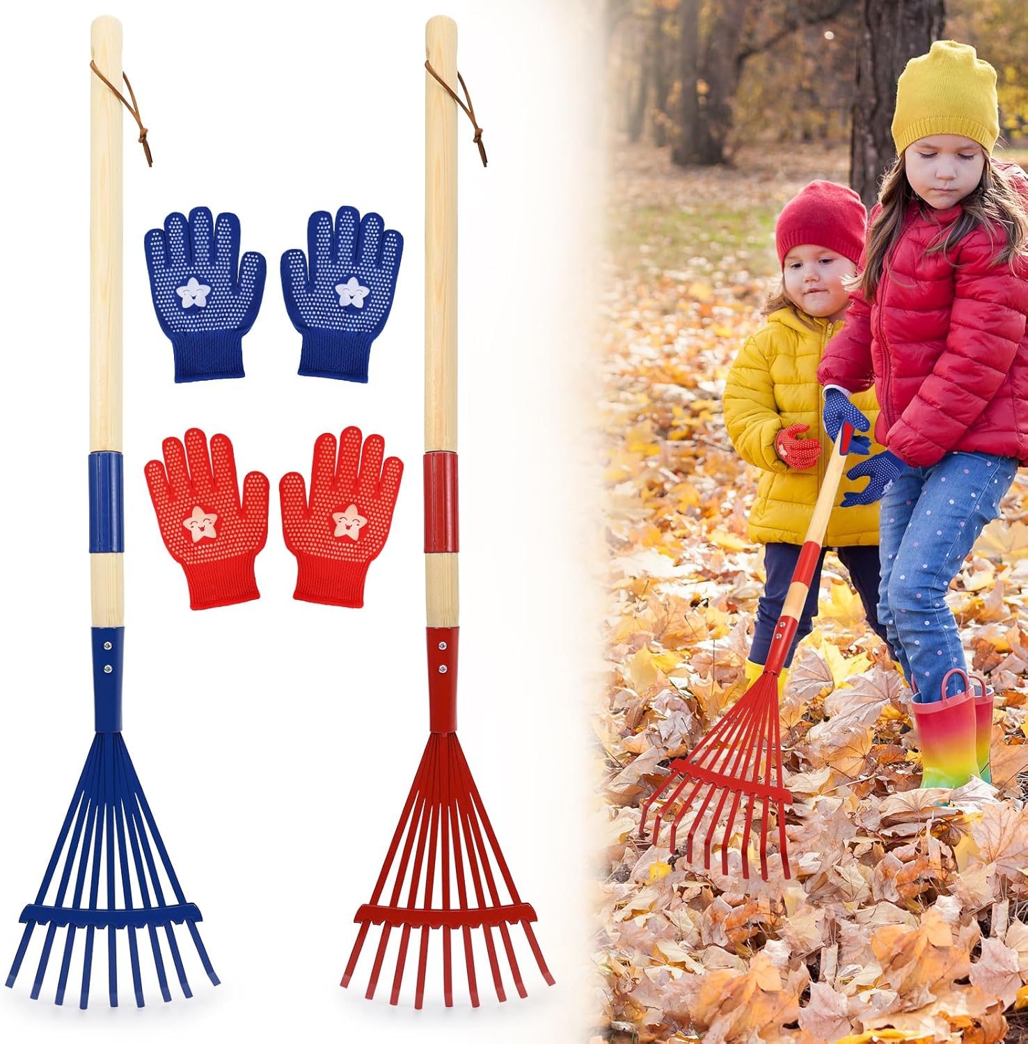 NNG kids metal leaf rakes and gloves set front view showing blue and red garden tools