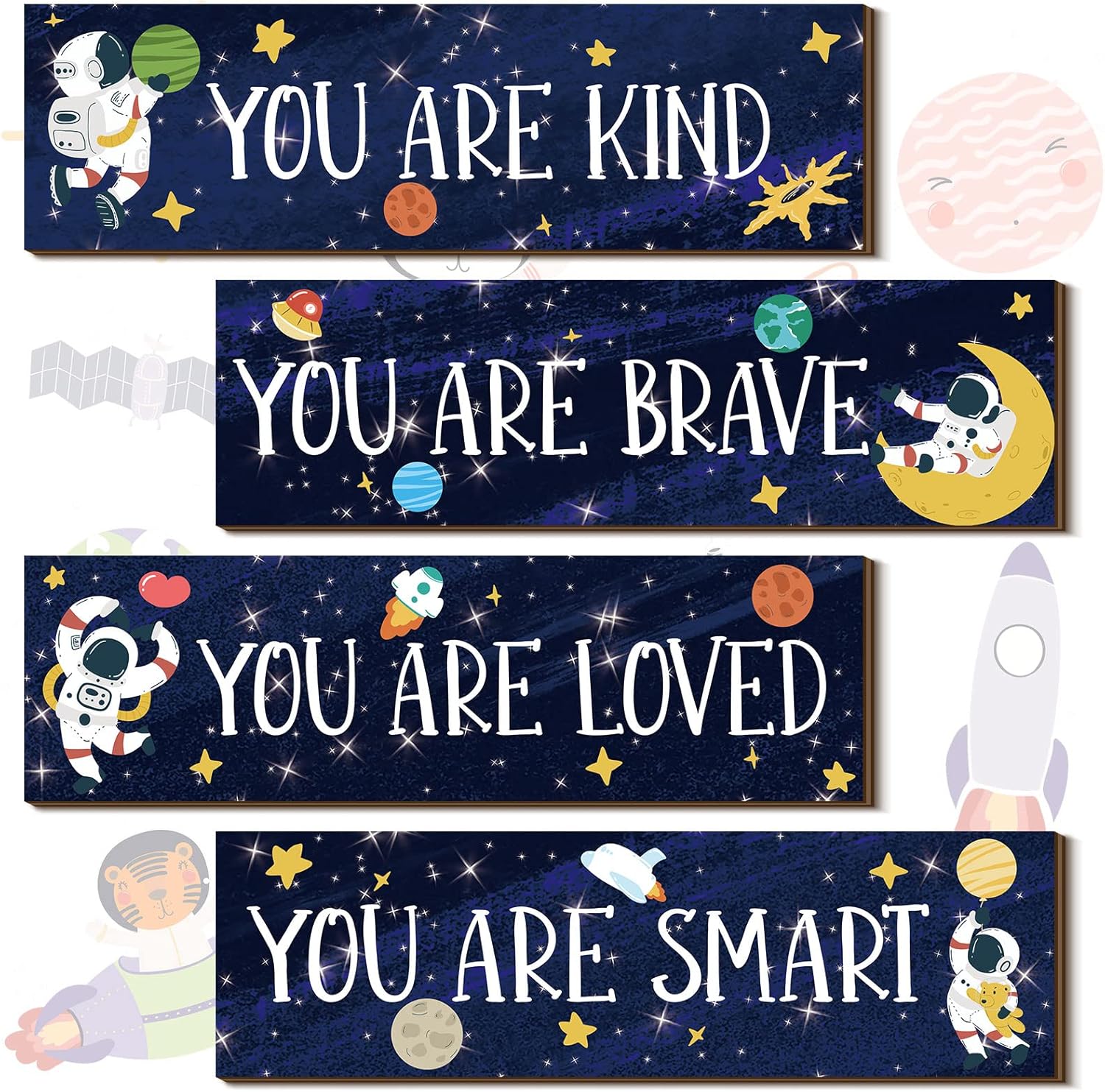 Yookeer 4 piece space room decor front view showcasing astronaut and solar system theme