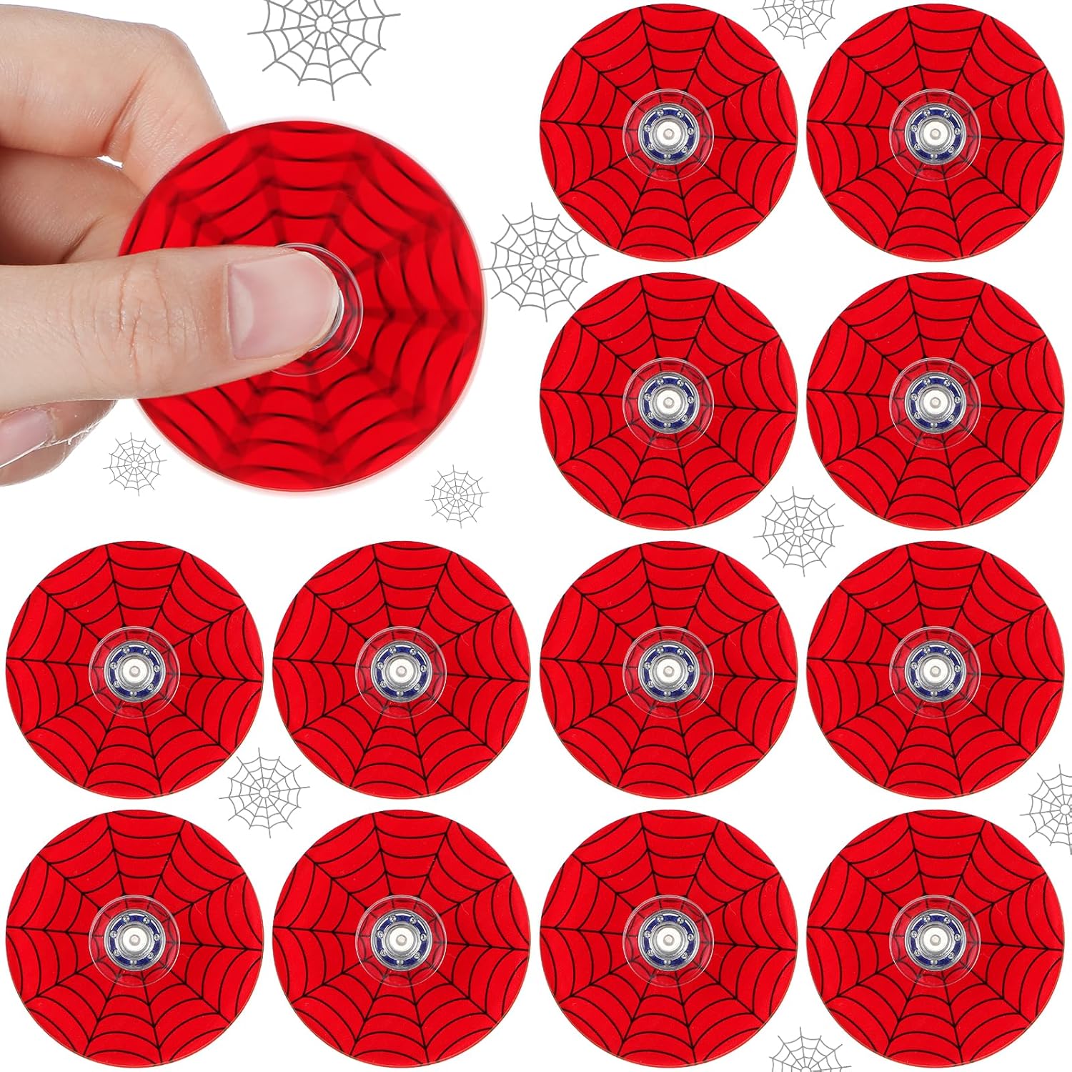 Sotiff spider web fidget spinners bulk pack front view showing red and purple superhero style circular designs.