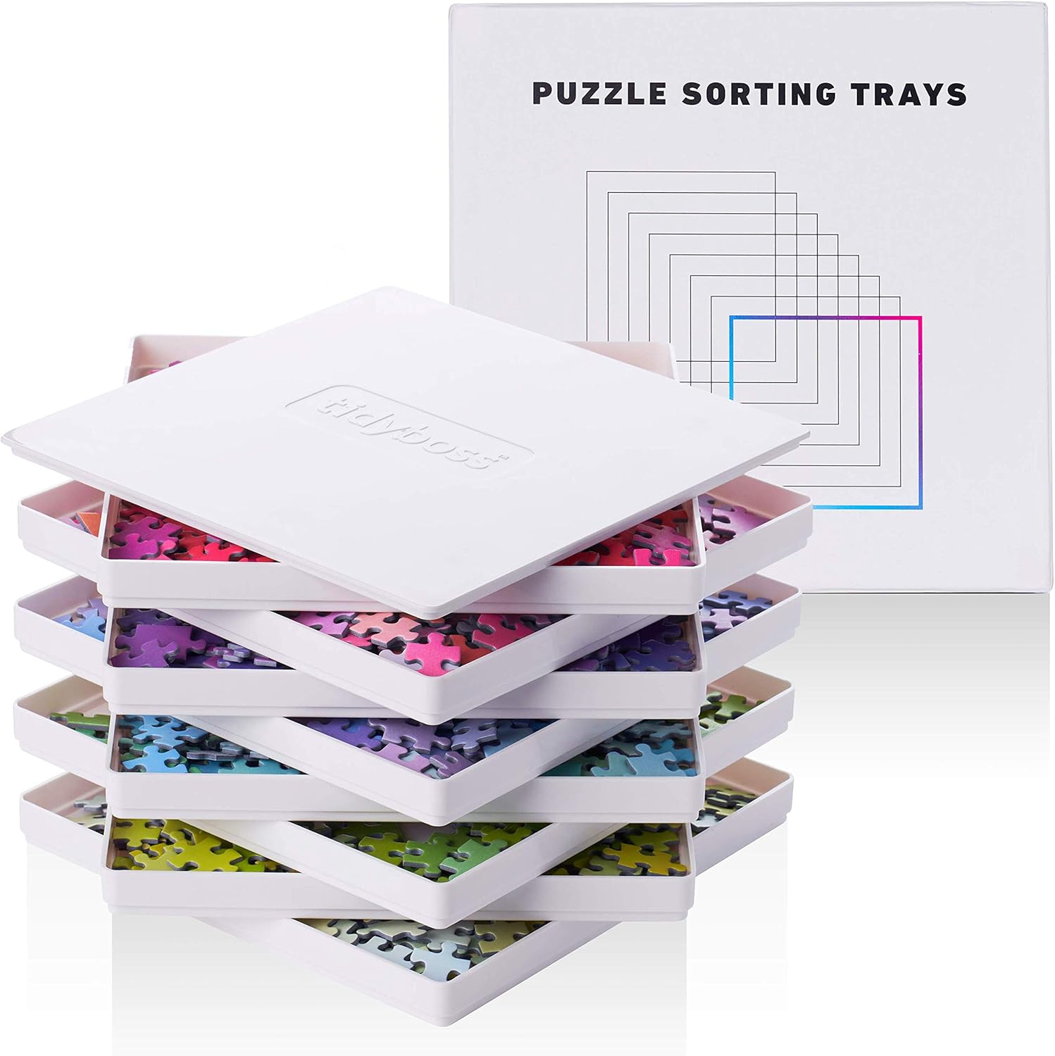 Tidyboss 8 puzzle sorting trays front view displaying stacked white organizer compartments.