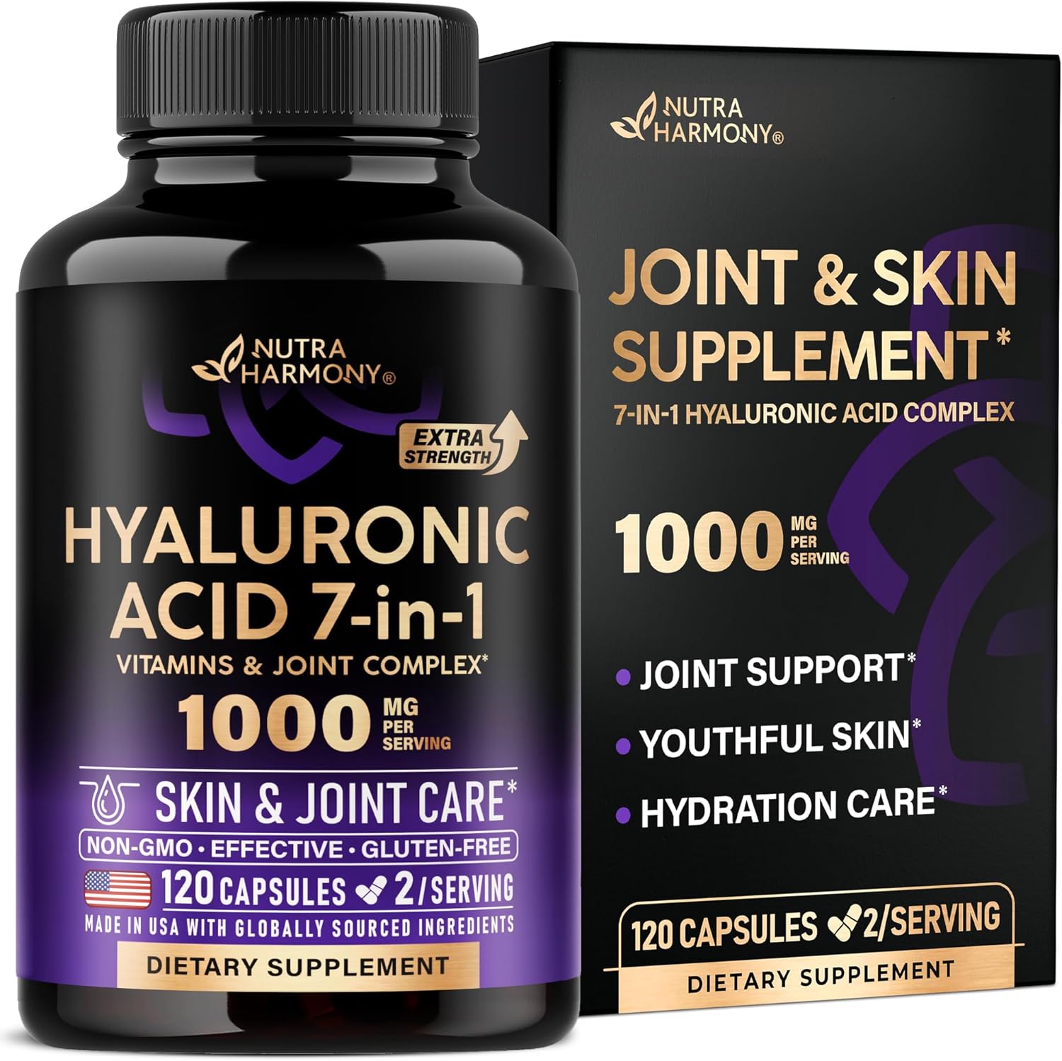 Nutraharmony Hyaluronic Acid 1000mg Collagen 120 Capsules Front View