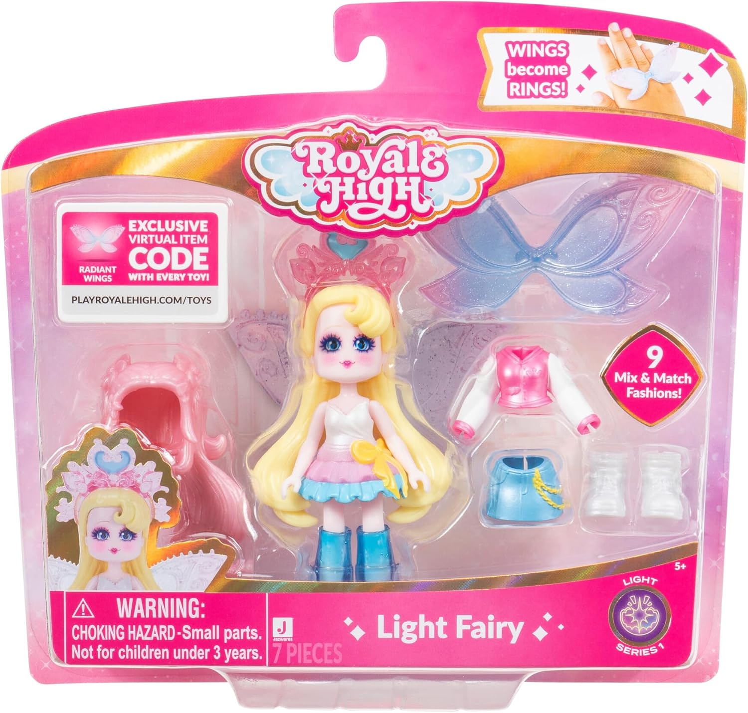 Royale High Light Fairy Fashion Doll front view packaging showcasing the three inch collectible figure and accessories