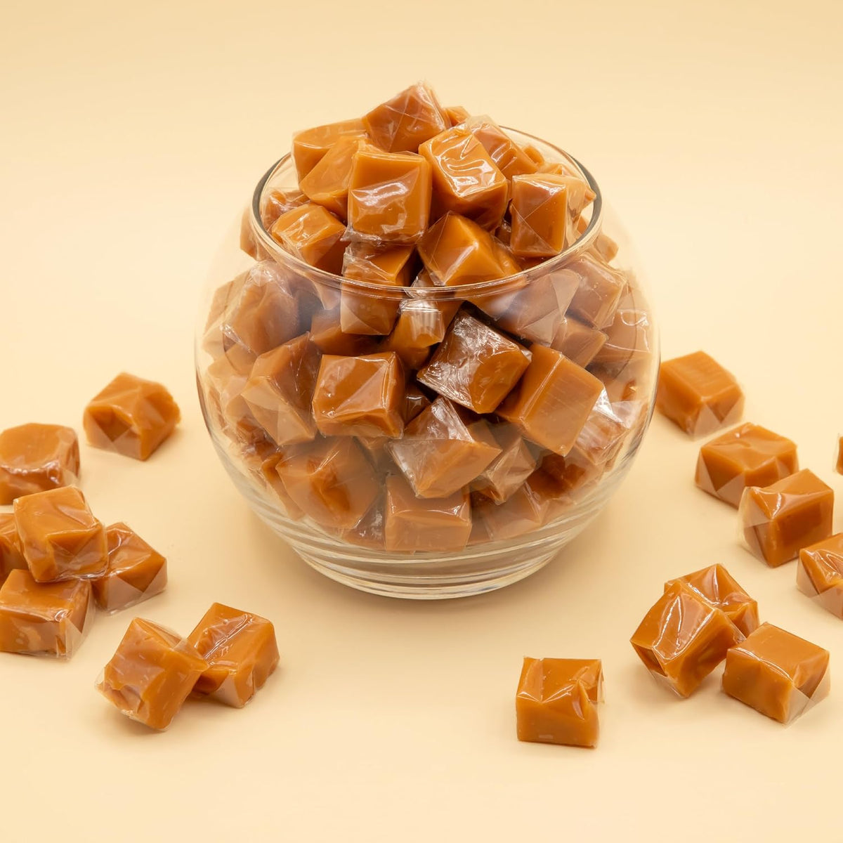Bulk bag presentation of ILIKE! vanilla caramels highlighting the generous quantity for party favors.