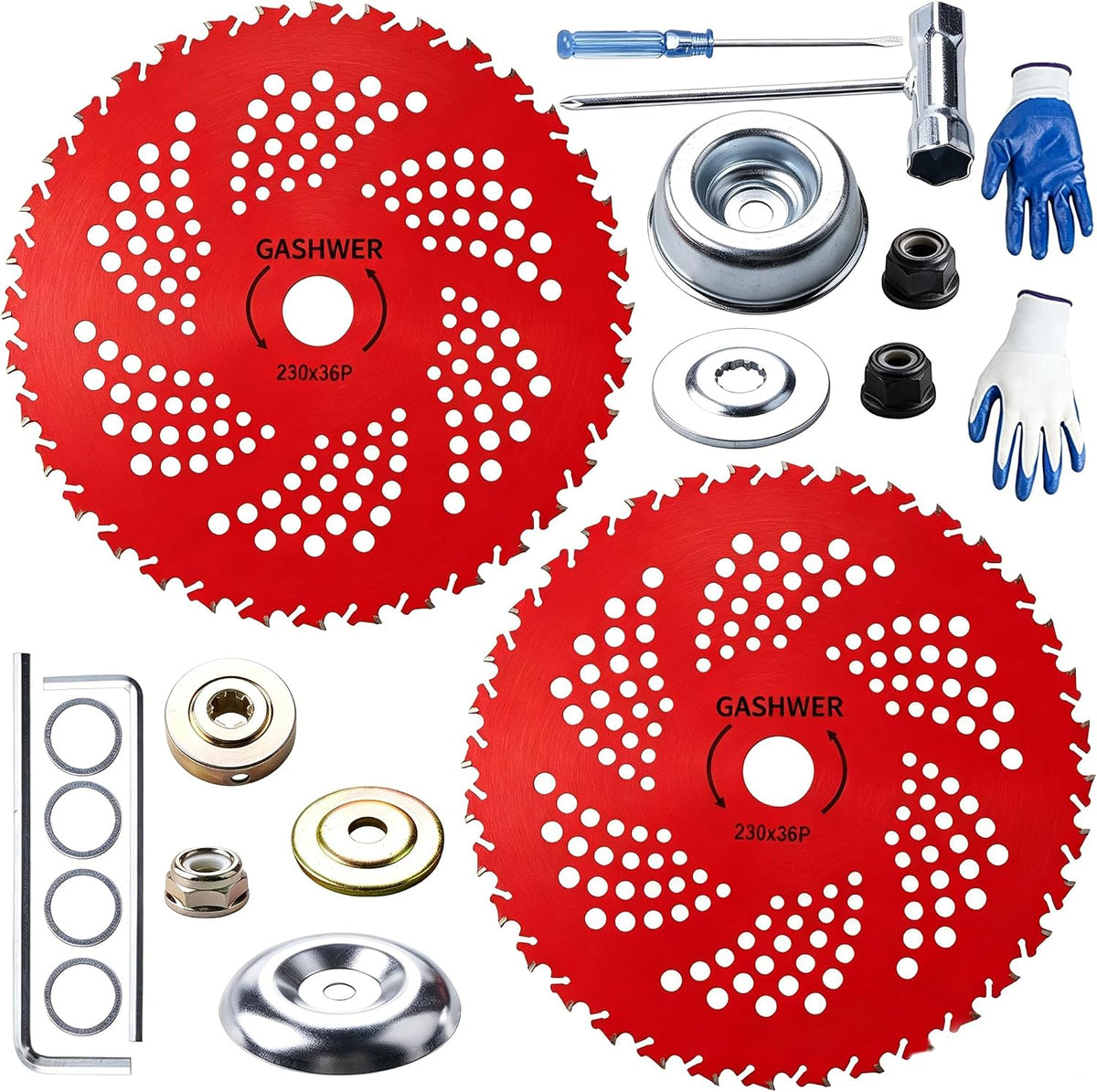 Gashwer Brush Cutter Blade Kit for Weedeater with Universal Adapter, 9" x 20T 2-Set Chainsaw Carbon Round Tooth Steel Saw Blades, Compatible with Stihl, Husqvarna, Ego, Oregon, Hitachi Trimmer - Image 9