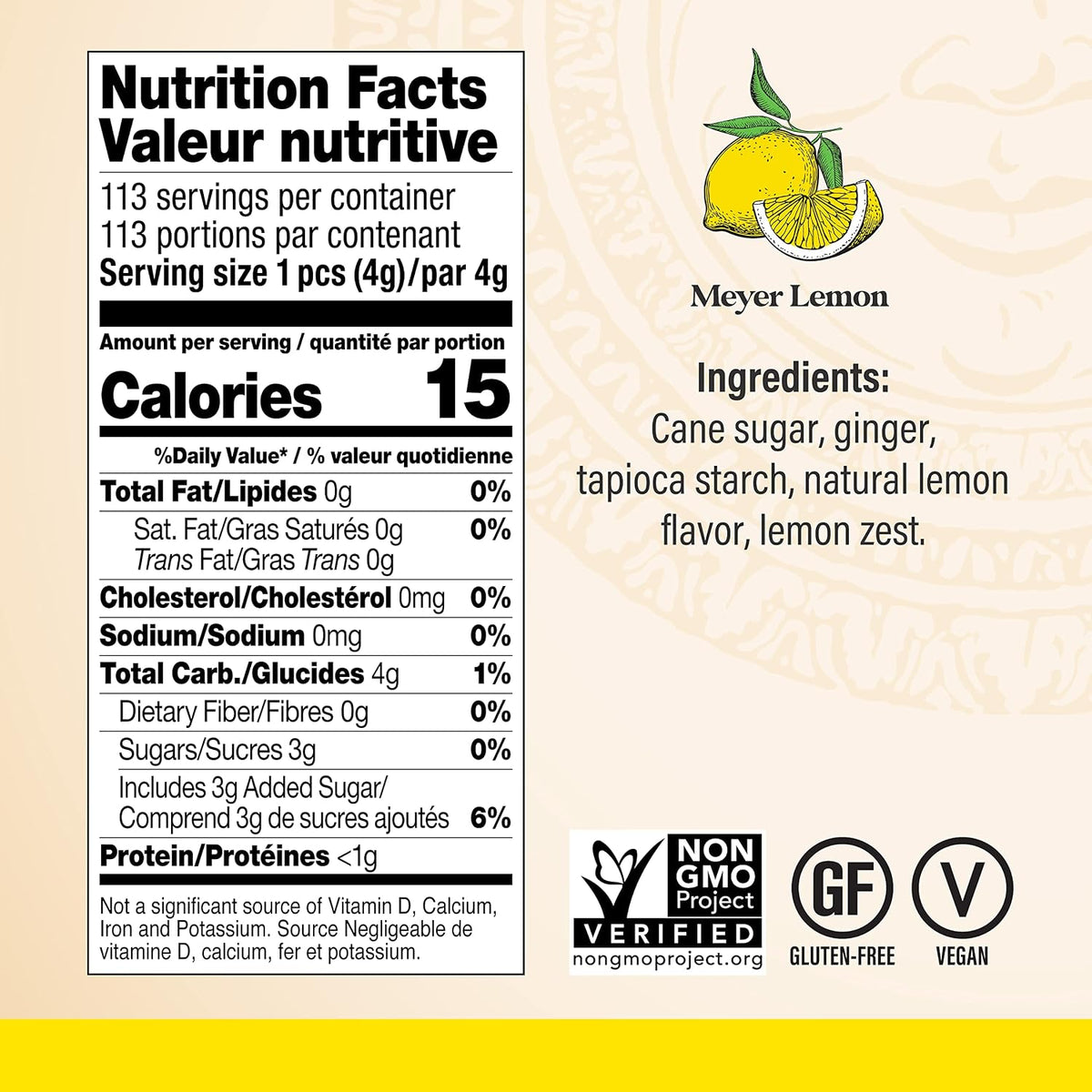 Chimes lemon ginger candy bag showcasing vegan and gluten free product seals