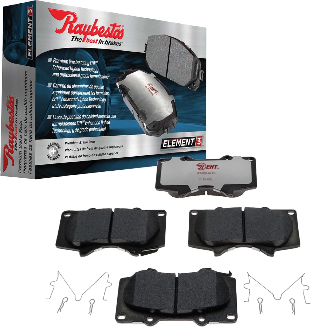 Raybestos Element3 rear brake pad front view and packaging