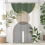Mitpok boho green shower curtain front view featuring abstract gold leaves and sage green geometric arches