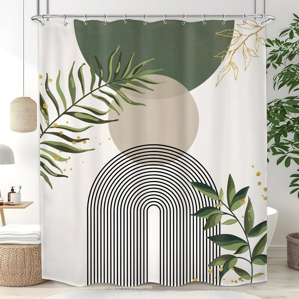 Mitpok boho green shower curtain front view featuring abstract gold leaves and sage green geometric arches