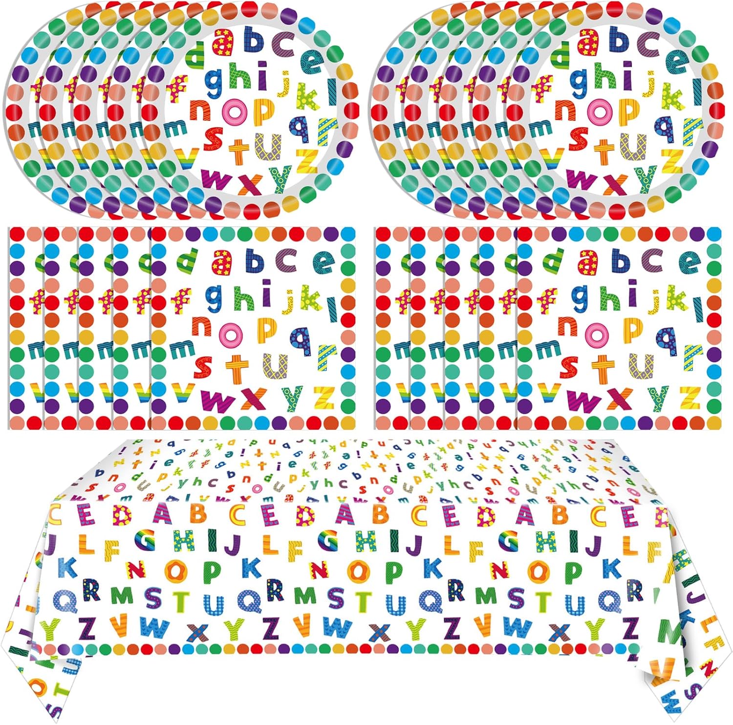 Mainivo 41 Pieces Colorful ABC Birthday Party Decorations set showing plates napkins and tablecloth