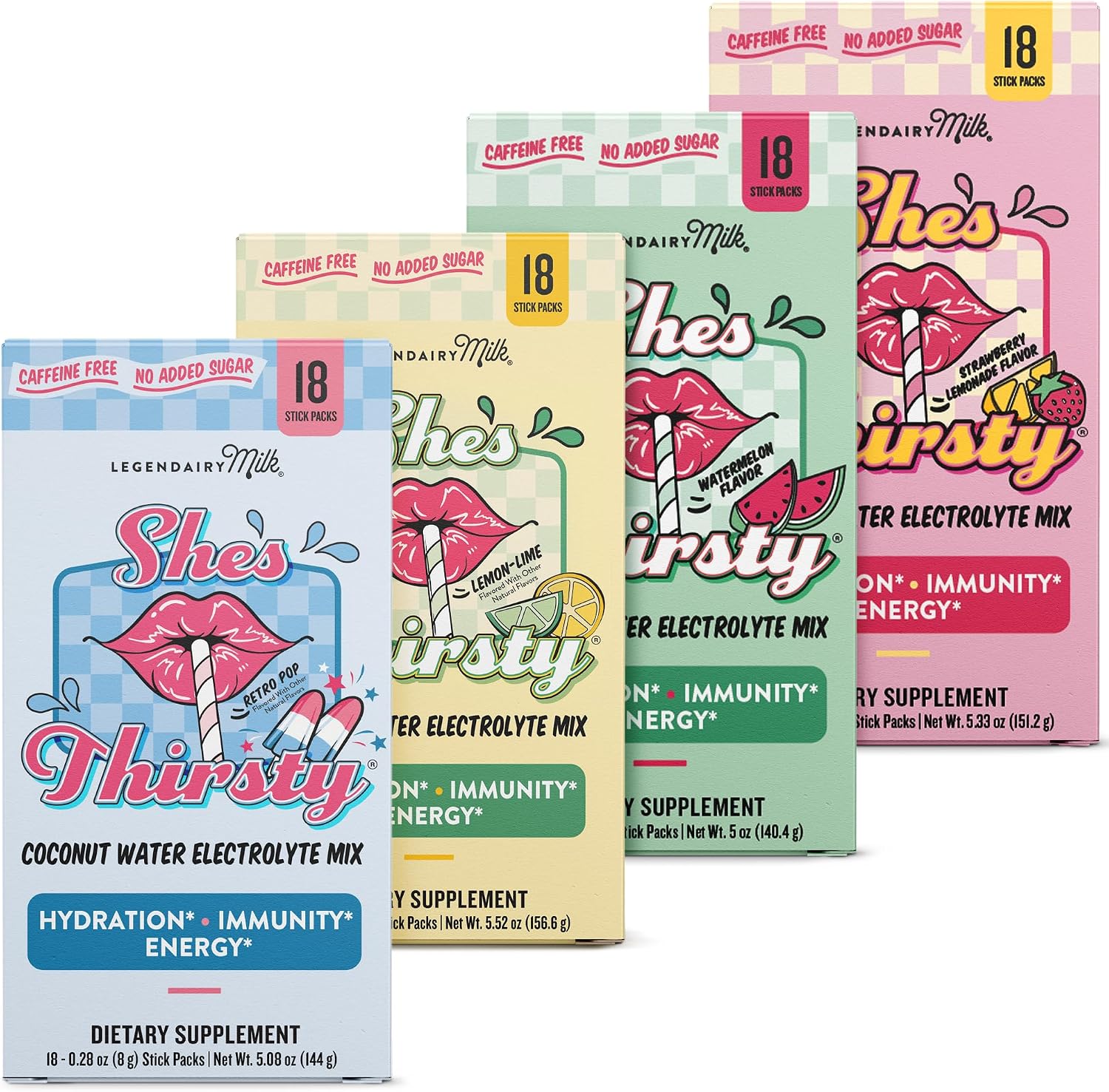Legendairy Milk Shes Thirsty electrolyte variety pack front view for women hydration.