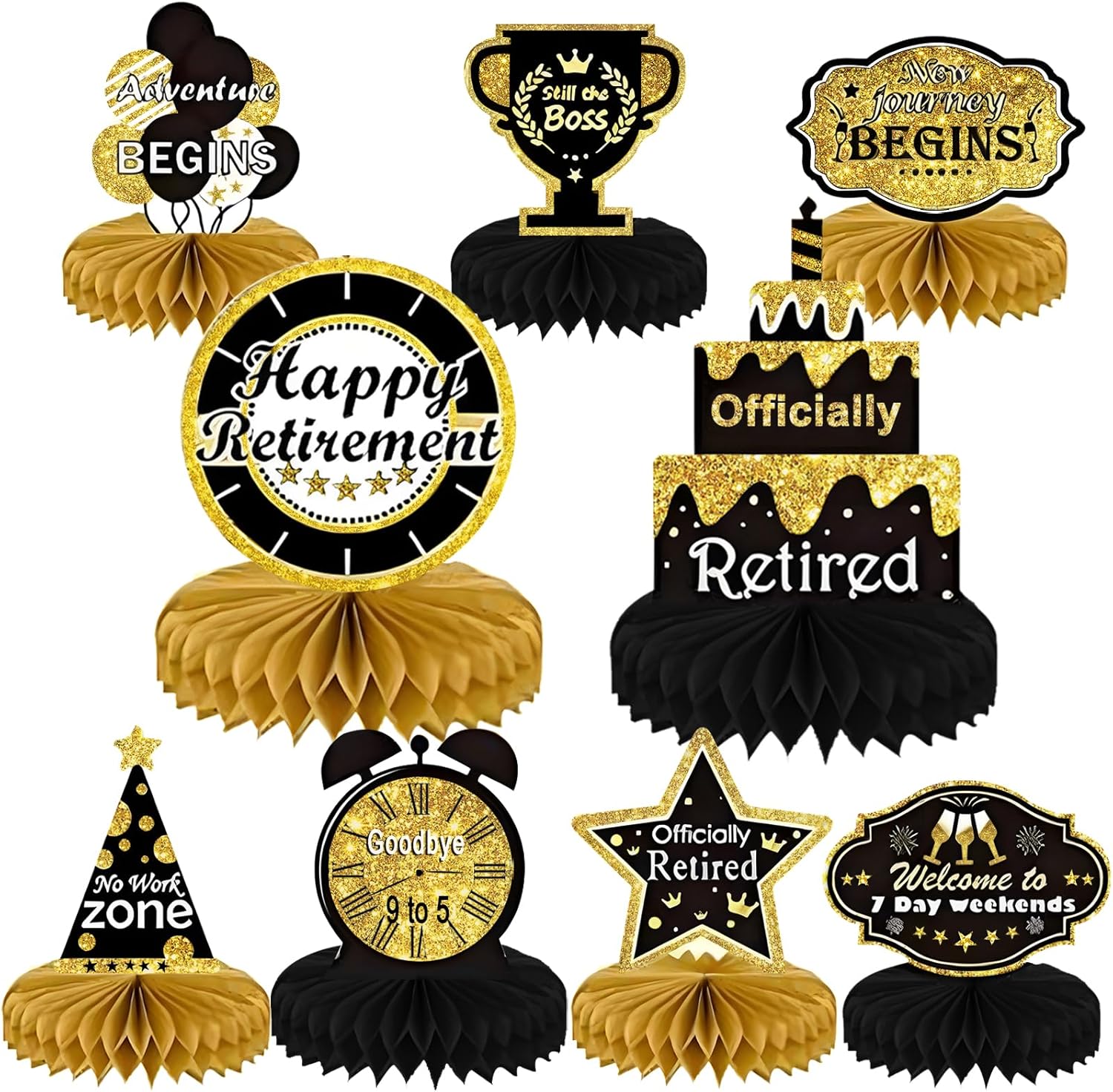 KSKSPE 9 piece black and gold retirement table centerpieces front view
