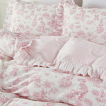 Brandream French Country Toile Duvet Cover Set front view featuring pink floral print on a dressed full size bed.